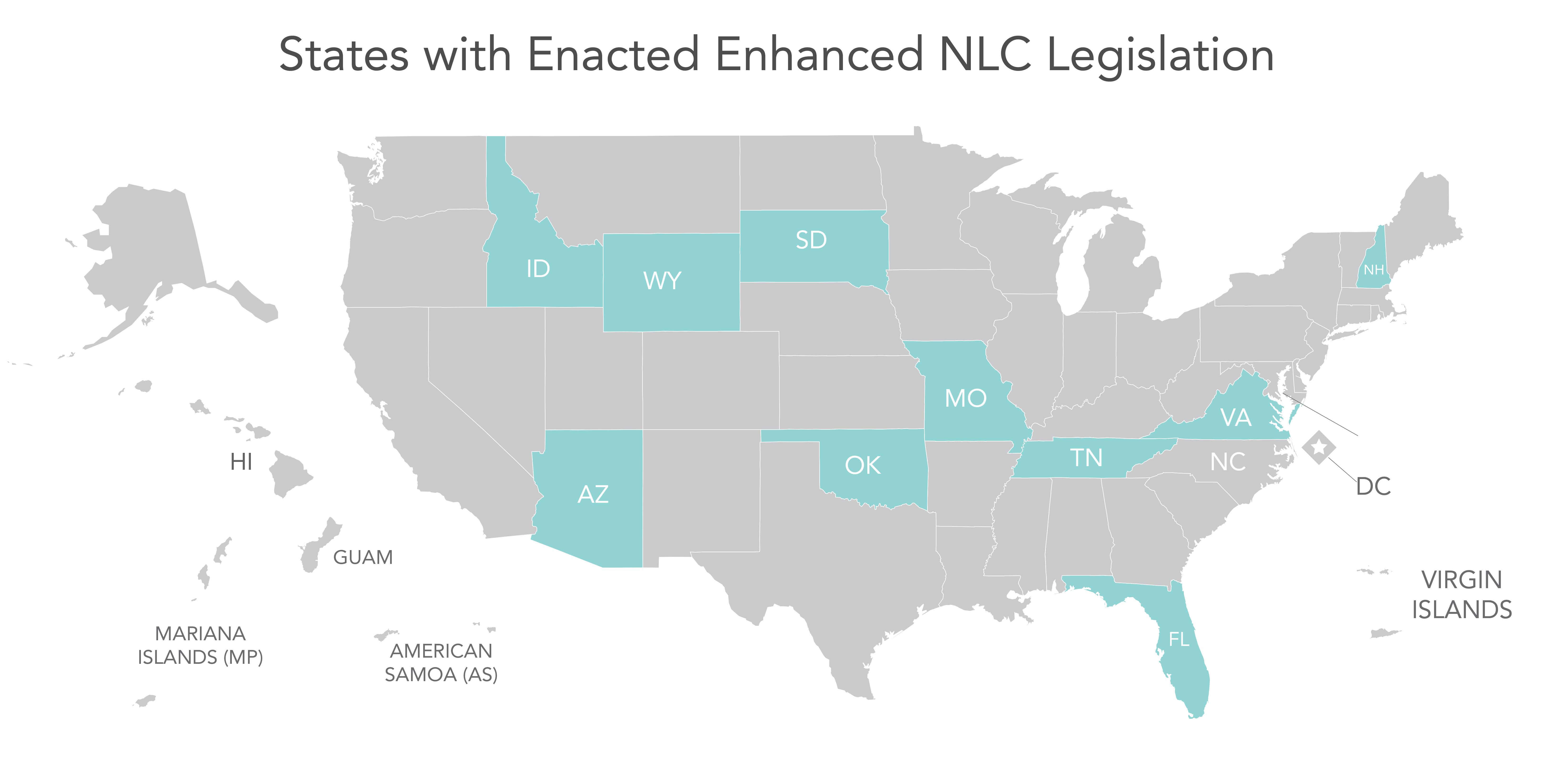 Map of enacted enhanced Nurse Licensure Compact legislation