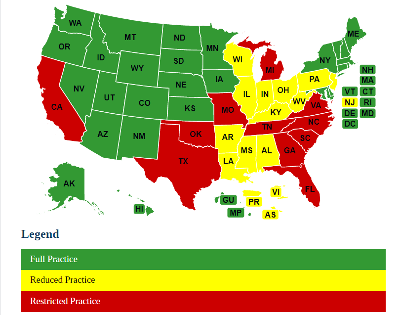 Map of Nurse Practice Laws by State